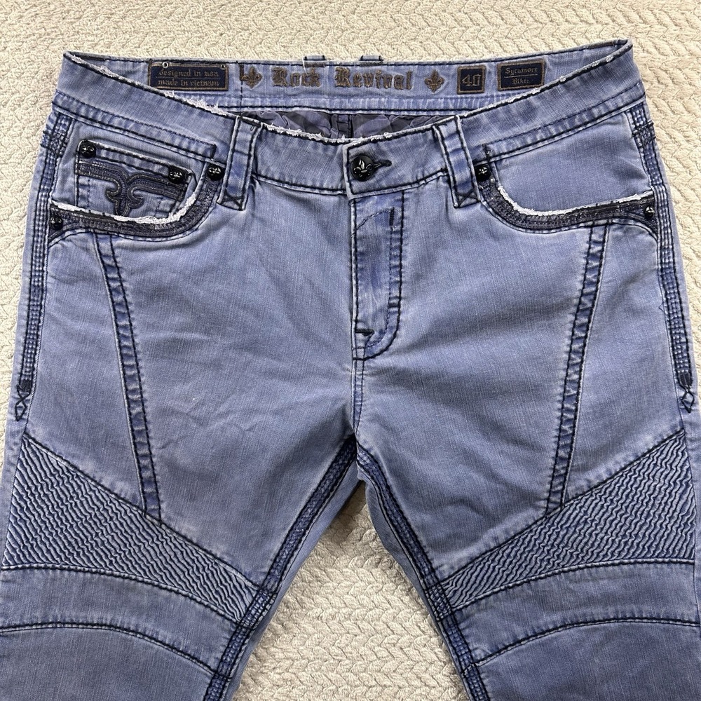 Rock Revival Sycamore Biker Jeans Mens 40x34 Blue Light Wash Skinny Denim Pants - Picture 5 of 16